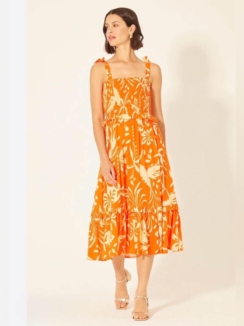 Orange Floral Smocked Sundress with Tie Straps - Picture 2 of 4